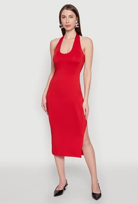 Womens Side Slit Halter Neck Midi Dress, Red, Size XL
