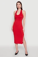 Womens Side Slit Halter Neck Midi Dress, Red, Size XL