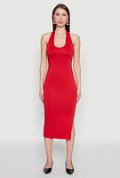 Womens Side Slit Halter Neck Midi Dress, Red, Size XL