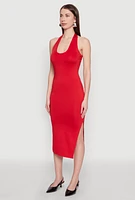Womens Side Slit Halter Neck Midi Dress, Red, Size XL