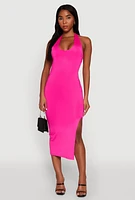 Womens Side Slit Halter Neck Midi Dress, S