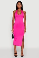 Womens Side Slit Halter Neck Midi Dress, S