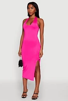 Womens Side Slit Halter Neck Midi Dress, S