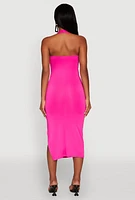 Womens Side Slit Halter Neck Midi Dress, S