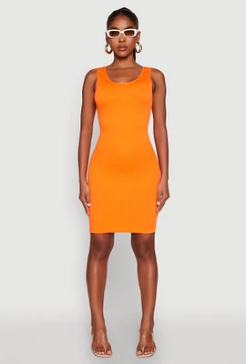 Womens Ribbed Knit Seamless Tank Dress, Orange, Size S-M