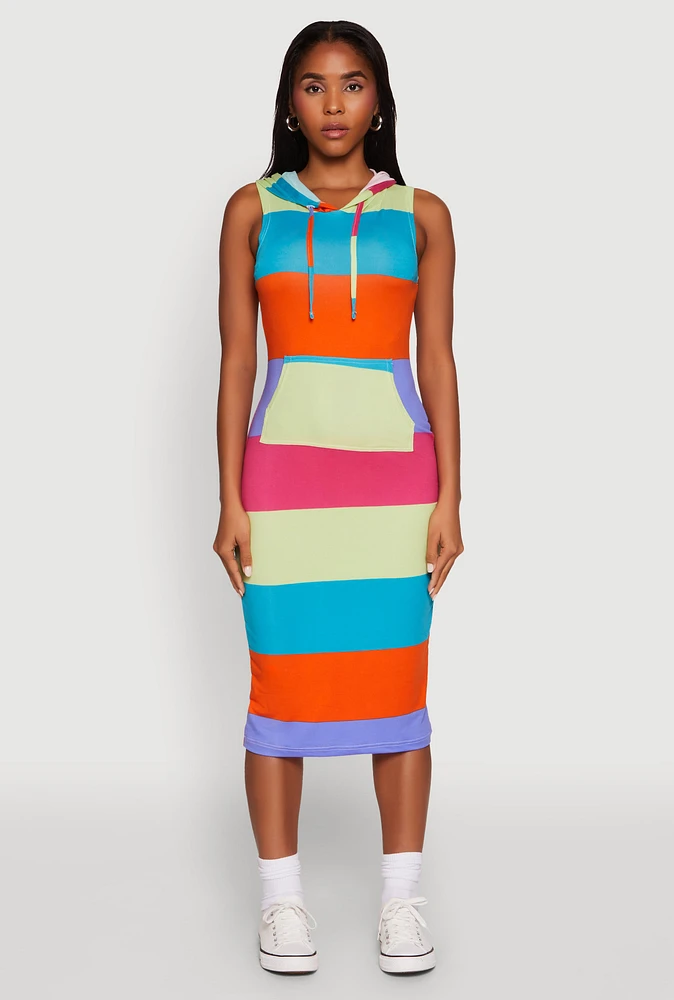 Womens Color Block Stripe Hooded Tank Dress, Multi,