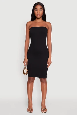 Womens Seamless Rib Knit Tube Midi Dress, Black, Size S-M