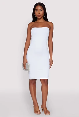 Womens Seamless Rib Knit Tube Midi Dress, White, Size S-M