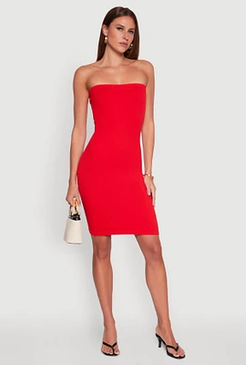 Womens Seamless Rib Knit Tube Midi Dress, Red, Size S-M