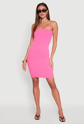 Womens Seamless Rib Knit Tube Midi Dress, Pink, Size S-M
