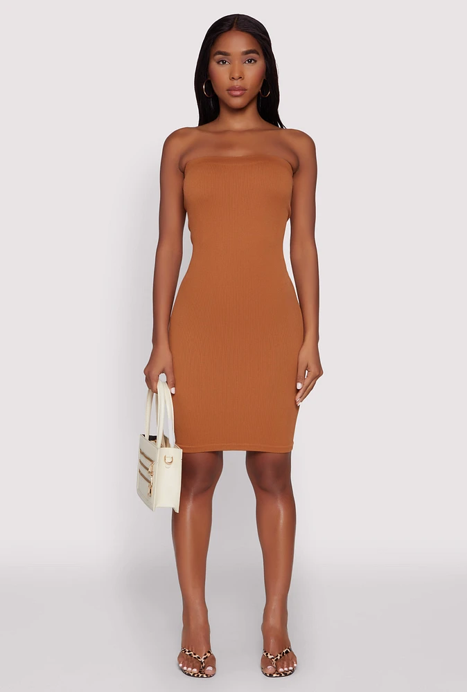 Womens Seamless Rib Knit Tube Midi Dress,