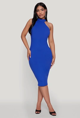 Womens Rib Knit Halter Midi Dress, Blue, Size S