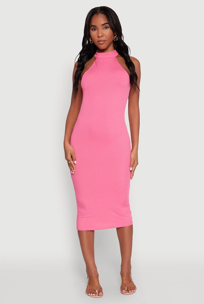 Womens Rib Knit Halter Midi Dress,