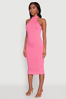 Womens Rib Knit Halter Midi Dress,