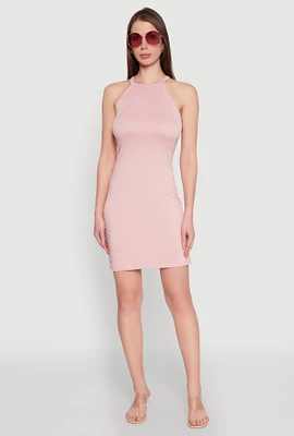 Womens Laser Cut Halter Mini Dress, Pink, Size M