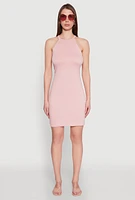 Womens Laser Cut Halter Mini Dress, Pink, Size M