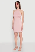 Womens Laser Cut Halter Mini Dress, Pink, Size M
