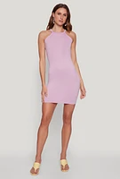 Womens Laser Cut Halter Mini Dress, Purple, Size S