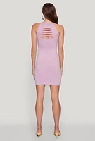 Womens Laser Cut Halter Mini Dress, Purple, Size S