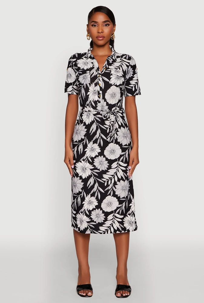 Womens Floral Half Button Front Shirt Dress with Tie Waist Belt, Multi,
