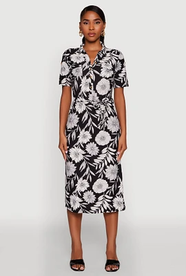 Womens Floral Half Button Front Shirt Dress with Tie Waist Belt, Multi,