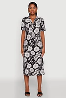 Womens Floral Half Button Front Shirt Dress with Tie Waist Belt, Multi,
