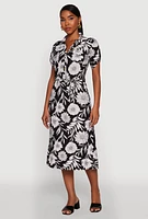 Womens Floral Half Button Front Shirt Dress with Tie Waist Belt, Multi,