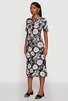 Womens Floral Half Button Front Shirt Dress with Tie Waist Belt, Multi,