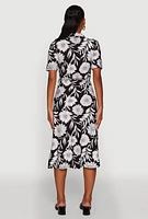 Womens Floral Half Button Front Shirt Dress with Tie Waist Belt, Multi,