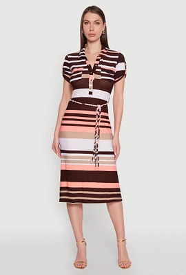 Womens Stylish Tie Waist Belted Tabbed Sleeve Shirt Dress, Multi, Size S