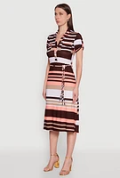 Womens Stylish Tie Waist Belted Tabbed Sleeve Shirt Dress, Multi, Size S