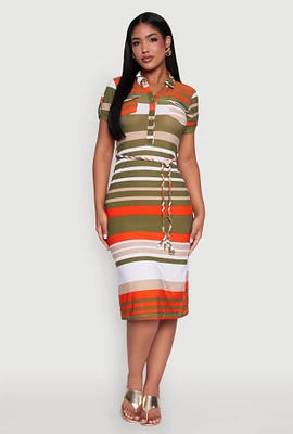 Womens Stylish Tie Waist Belted Tabbed Sleeve Shirt Dress, Multi, Size XL