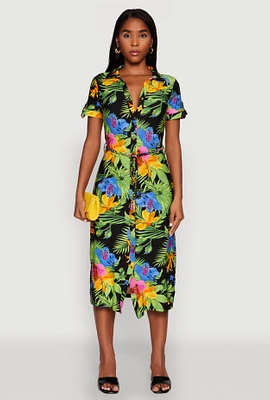 Womens Tropical Floral Print Tie Waist Belted Dress, Multi, Size S