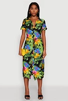 Womens Tropical Floral Print Tie Waist Belted Dress, Multi, Size S