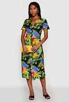 Womens Tropical Floral Print Tie Waist Belted Dress, Multi, Size S