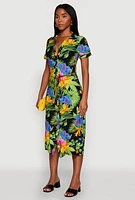 Womens Tropical Floral Print Tie Waist Belted Dress, Multi, Size S