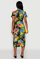 Womens Tropical Floral Print Tie Waist Belted Dress, Multi, Size S