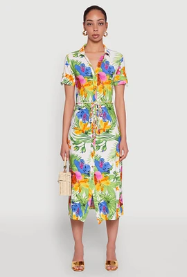 Womens Tropical Floral Print Tie Waist Belted Dress, Multi,