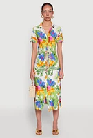 Womens Tropical Floral Print Tie Waist Belted Dress, Multi,