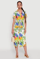 Womens Tropical Floral Print Tie Waist Belted Dress, Multi,