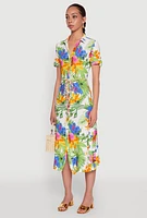 Womens Tropical Floral Print Tie Waist Belted Dress, Multi,