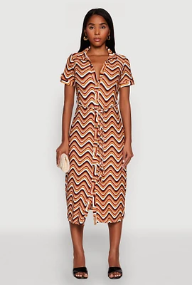 Womens Wavy Striped Tie Waist Belted Dress, Brown, Size M