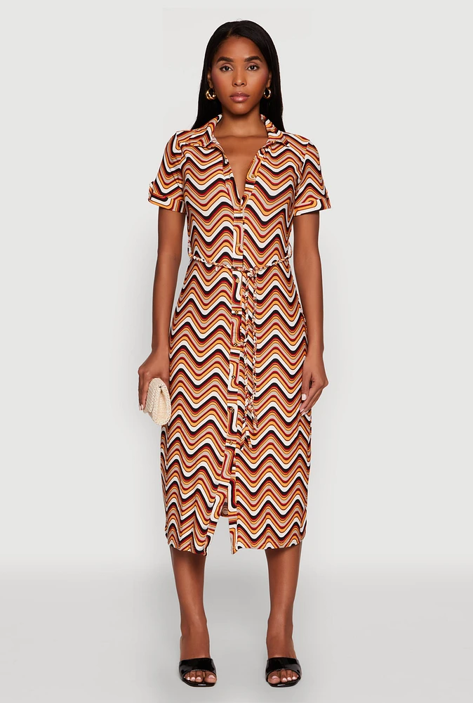 Womens Wavy Striped Tie Waist Belted Dress, Brown, Size L