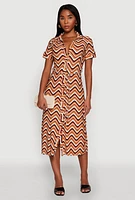 Womens Wavy Striped Tie Waist Belted Dress, Brown, Size M