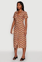 Womens Wavy Striped Tie Waist Belted Dress, Brown, Size M