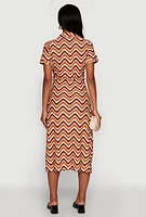 Womens Wavy Striped Tie Waist Belted Dress, Brown, Size M