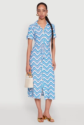 Womens Wavy Striped Tie Waist Belted Dress, Blue, Size M