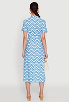 Womens Wavy Striped Tie Waist Belted Dress, Blue, Size M