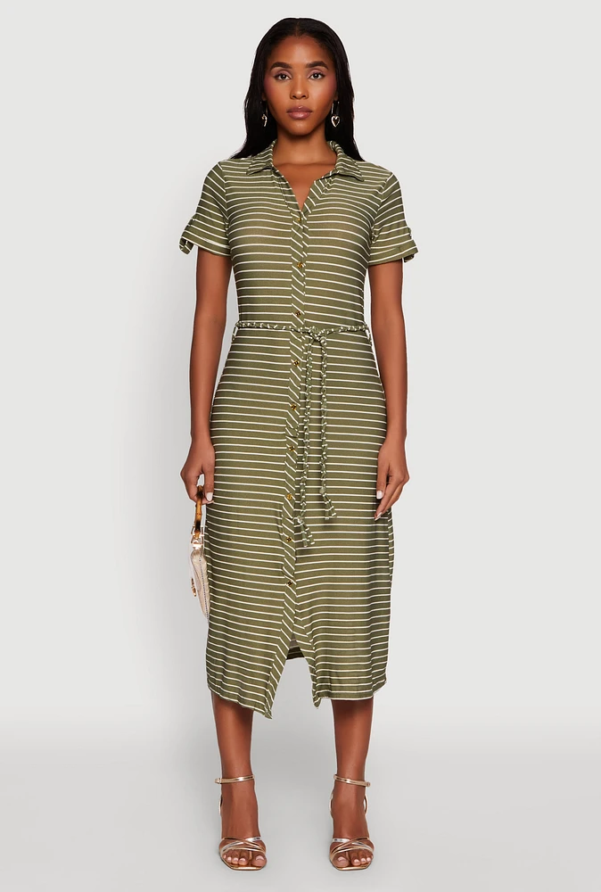 Womens Crepe Knit Striped Shirt Dress,