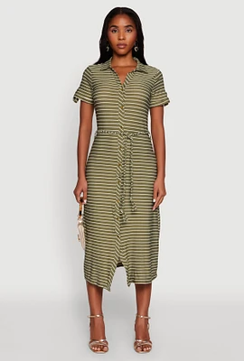 Womens Crepe Knit Striped Shirt Dress,